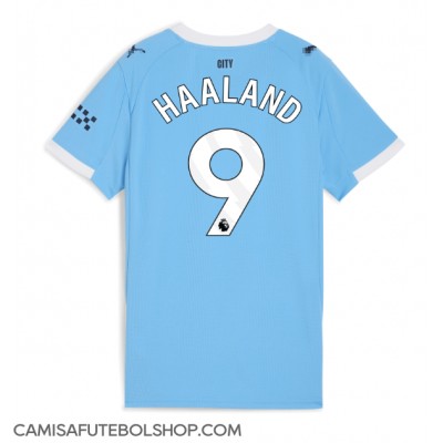 Camisa de time de futebol Manchester City Erling Haaland #9 Replicas 1º Equipamento Feminina 2025-26 Manga Curta Camisa de time de futebol Manchester City Erling Haaland #9 Replicas 1º Equipamento Feminina 2025-26 Manga Curta